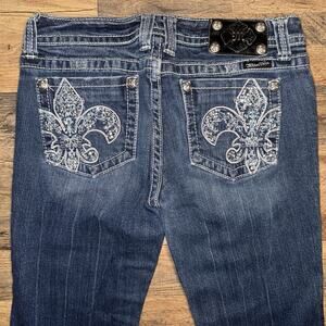 Miss Me Jeans Boot Size 29 Embroidered Fleur De Lis Rhinestones Blue Denim Y2K
